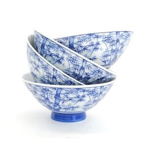 VTG Japanese Rice Soup Bowl Bamboo Blue Arita Ware Chinoiserie Replacement 4pcs